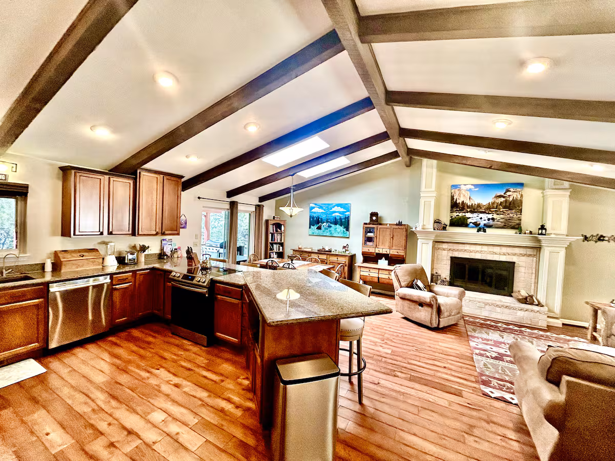 Warm cabin living room with bear accents
